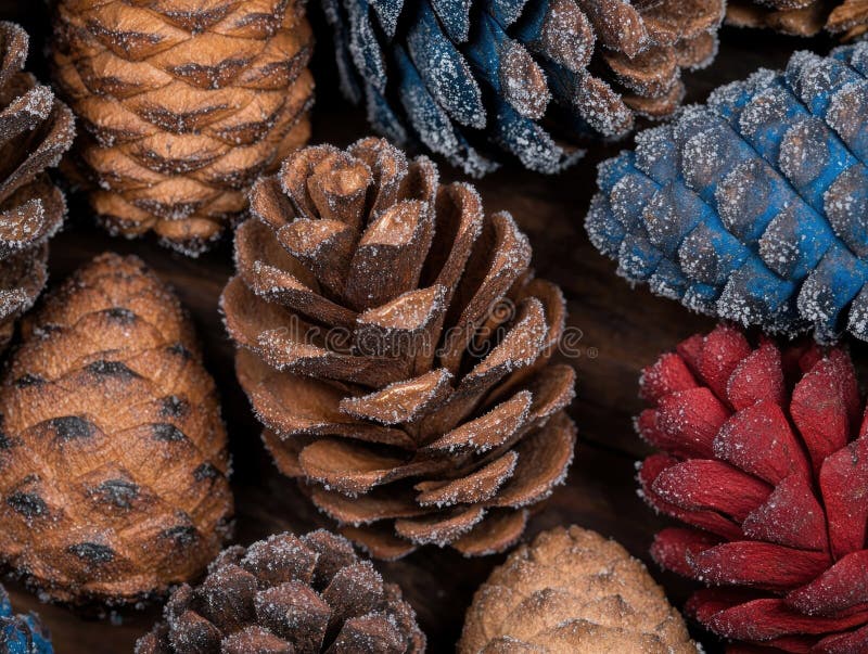 Closeup of various textured and frosted pine cones royalty free illustration