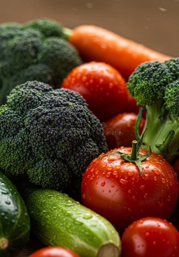 Closeup Vibrant Fresh Vegetables: Broccoli, Tomatoes, and Cucumbers stock illustration