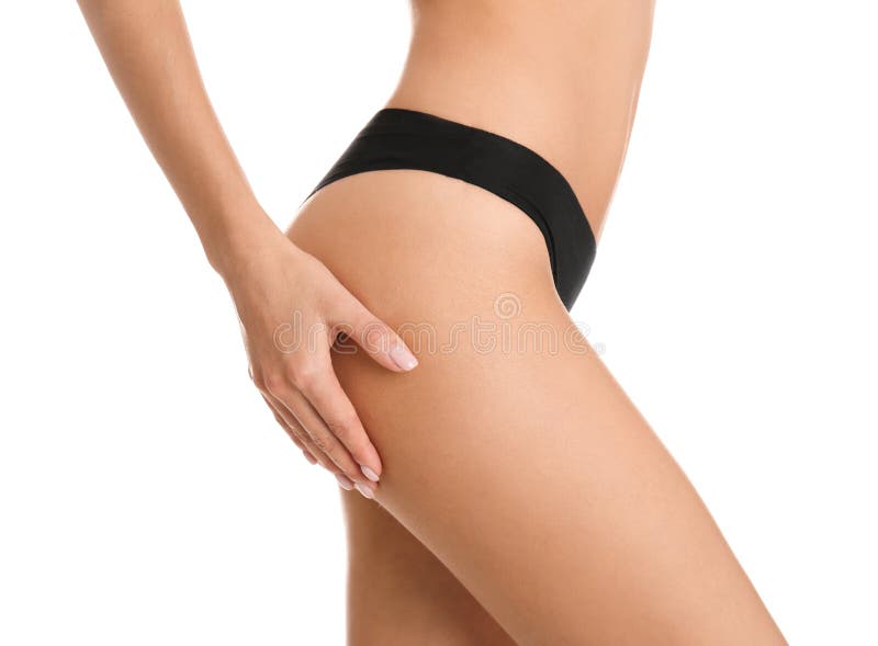 Closeup view of slim woman in underwear on white background