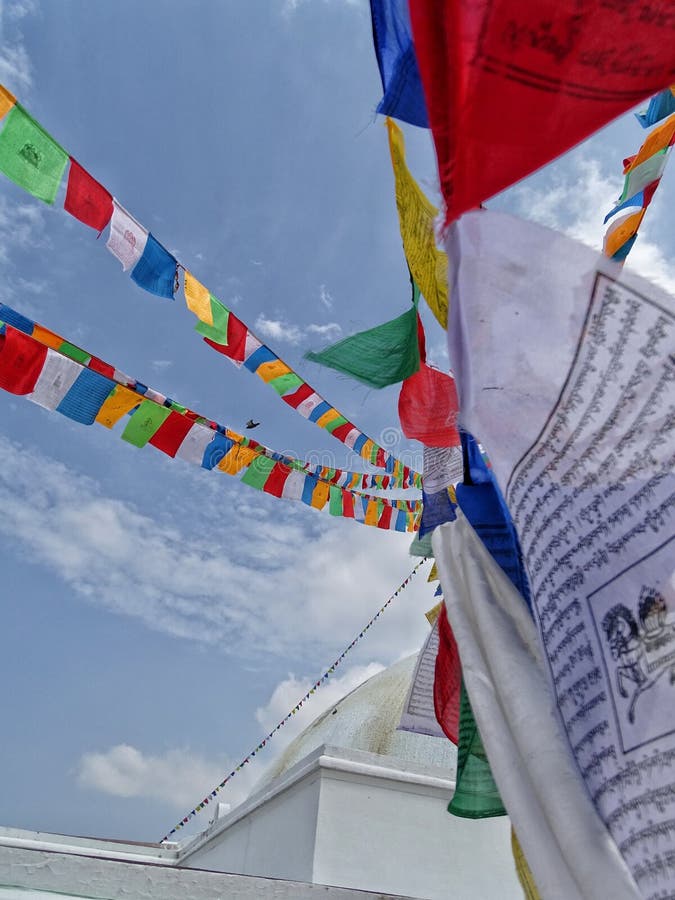 Closeup view of Buddhist prayer flags in a Buddhist stupa in Kathmandu city, Nepal stock photos Closeup view of Buddhist prayer flags in a Buddhist stupa in Kathmandu city, Nepal stock photos