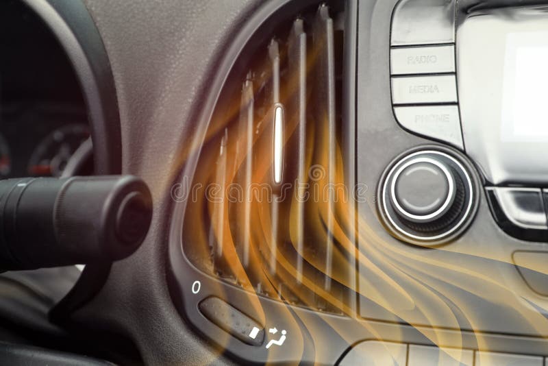 Closeup View of Conditioning System in Car and Illustration of Warm Air