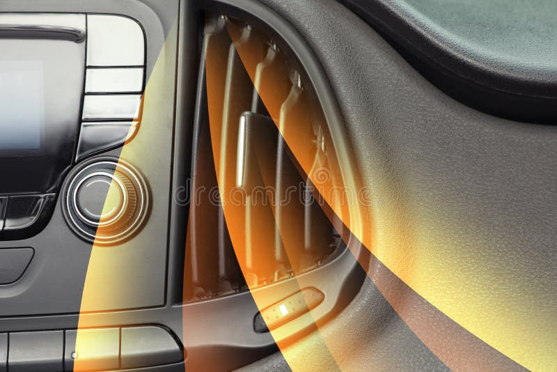 Closeup View of Conditioning System in Car and Illustration of Warm Air