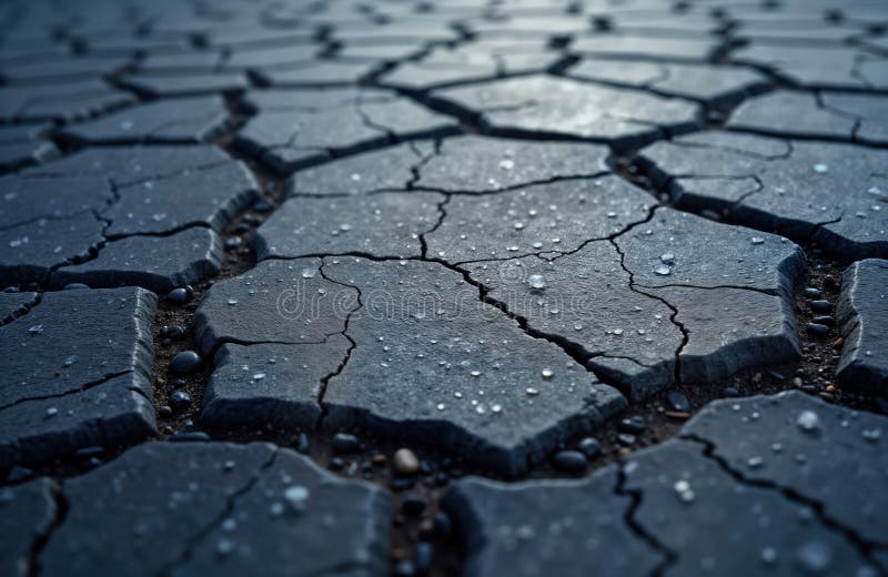 Closeup view of cracked asphalt surface. Water droplets cover fractured pavement. Dark gray tones with small stones create royalty free illustration