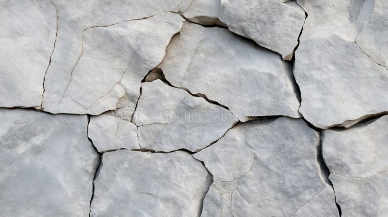 Closeup view of cracked gray stone surface. Uneven texture shows many deep cracks. Natural stone background. Rough material vector illustration