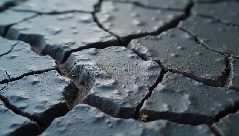 Closeup view of cracked gray stone texture. Rough surface with deep crevices. Patterned surface shows dryness, drought. Natural vector illustration