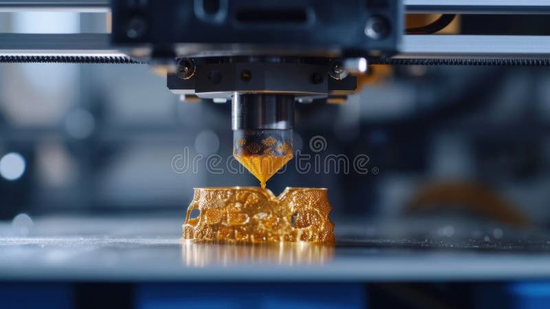 A closeup view of a 3D printer in action with layers of melted material being precisely deposited to create an intricate royalty free illustration