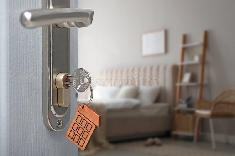 Closeup View of Door with Key Open in Bedroom Stock Photo Image of