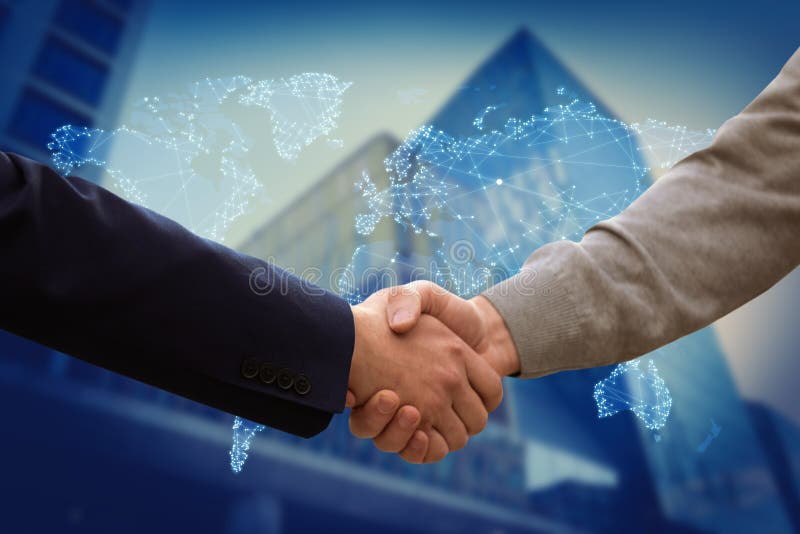 View of partners shaking hands and world map. Business values