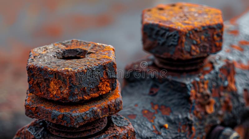 A closeup view of a rusted bolt head with a bumpy almost rustcolored surface and visible divots from previous use. AI generated