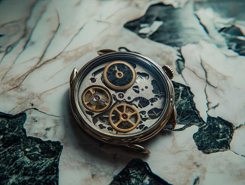Closeup of vintage watch gears on cracked surface stock illustration