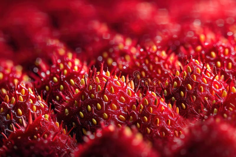 Closeup Vue des graines de fraises vibrantes montrant des textures complexes et des tons rouges riches en lumière naturelle. Une macro photo détaillée révèle la texture unique et la couleur rouge vif des graines de fraise en mettant l'accent sur leur beauté naturelle et les motifs complexes. IA générée