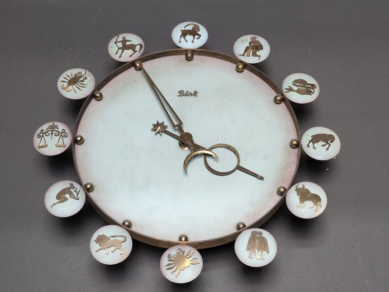 Closeup of a Wall Clock with Zodiac Signs Stock Photo Image of traditional, flat 264941258