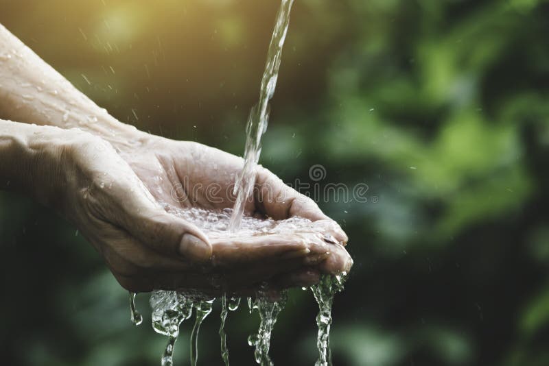 Closeup water flow to hand of women for nature concept on the garden background royalty free stock image Closeup water flow to hand of women for nature concept on the garden background royalty free stock image
