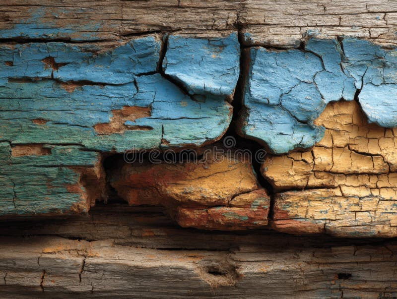 Closeup of Weathered Wood with Cracked Blue and Yellow Paint stock illustration
