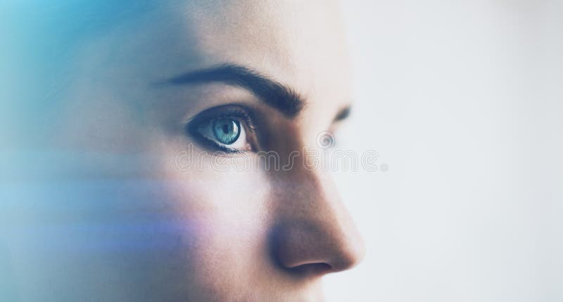 Closeup of woman eye with visual effects, on white background. Horizontal