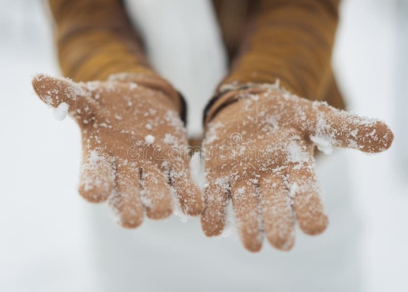 Closeup on woman hand in snowed brown gloves