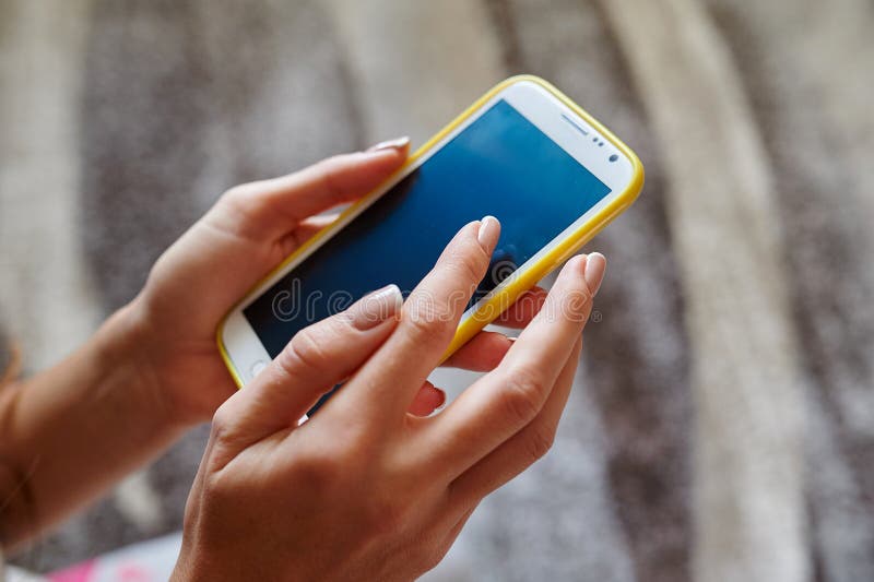 Closeup Woman Hand Typing on Smart Phone Stock Image Image of people