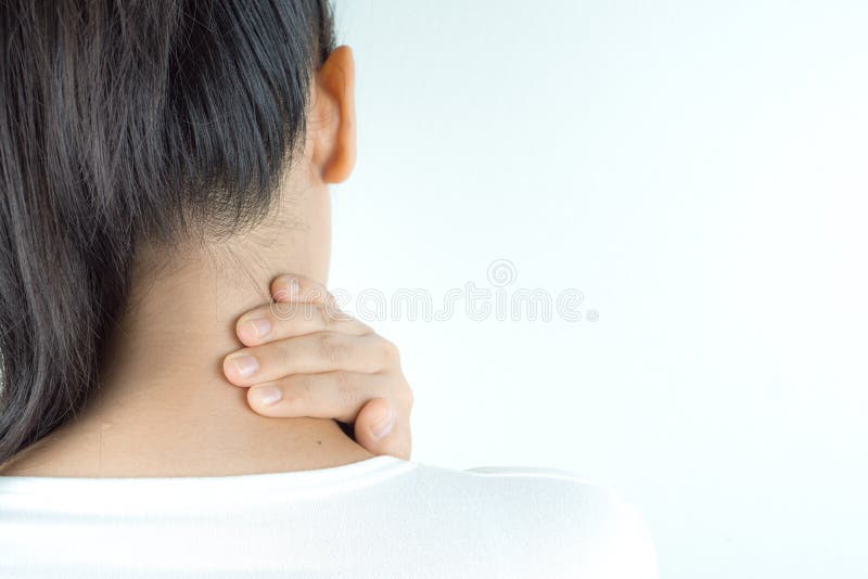 Closeup woman neck and shoulder feeling exhausted and suffering from neck and shoulder pain and injury on white background. Health