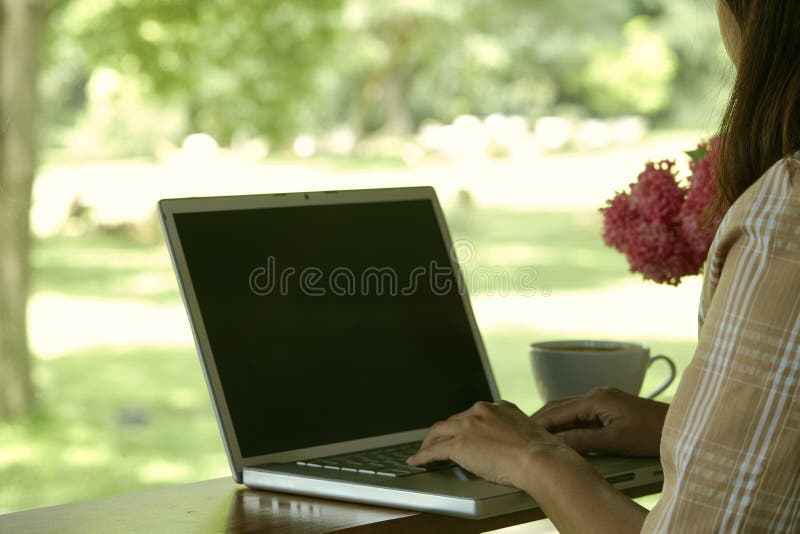 Closeup Woman Sitting at Home Office Using Laptop Stock Image Image