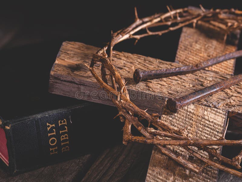 Cross and Crown of Thorns With Holy Bible