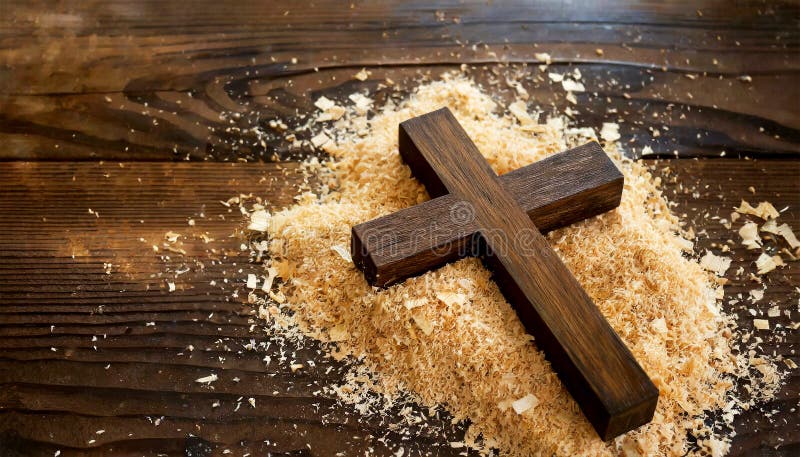 Cruce religioasă din lemn și rumeguș pe fond de lemn, cu caracter generativ. închiderea unei cruci religioase din lemn și a rumegușului pe un fond de lemn închis cu spațiu pentru copii. ai generativ