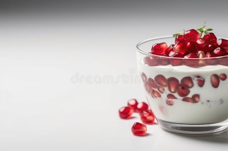 învelișul de iaurt cu semințe proaspete de rodie pe fond alb cu spațiu gol. stock illustration