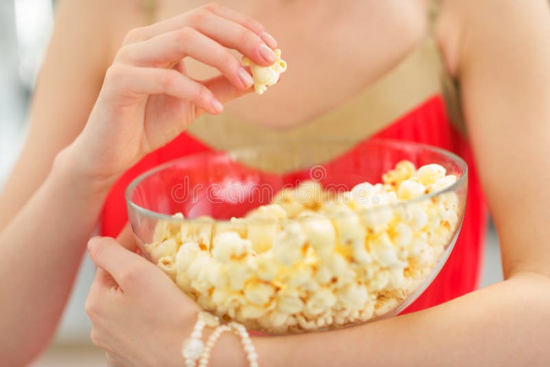 Closeup on Young Woman Eating Popcorn Stock Photo Image of modern