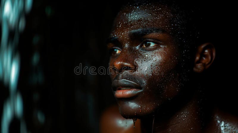 A detailed view of a person with a wet face, showing droplets of water and skin details up close. AI generated. A detailed view of a person with a wet face, showing droplets of water and skin details up close. AI generated