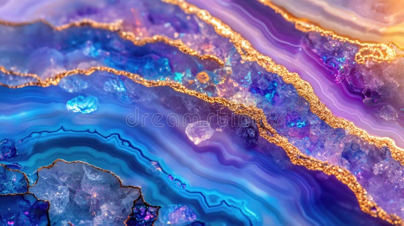 Closeuse étonnante de geode bleu et violet éclatante avec veines dorées image stock