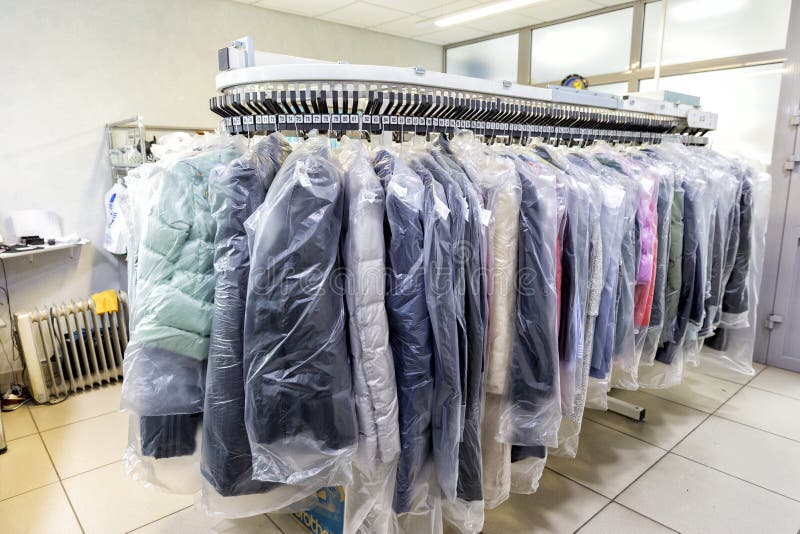 Clothes after Dry Cleaning in the Laundry Stock Image Image of