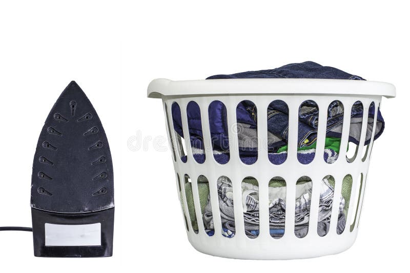 Clothes Iron and Laundry Basket Isolated on a White Background. Stock
