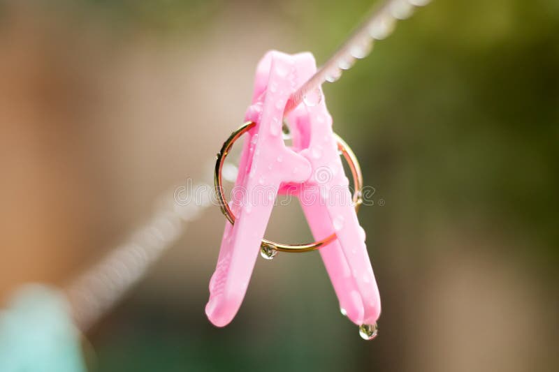 Clothes peg with water drops after rain