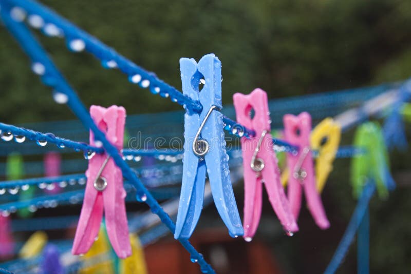 Clothes peg on wet washing line