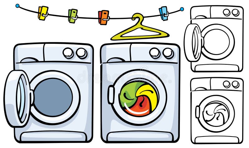 Clothesline with clothespins and washer machine in two variants