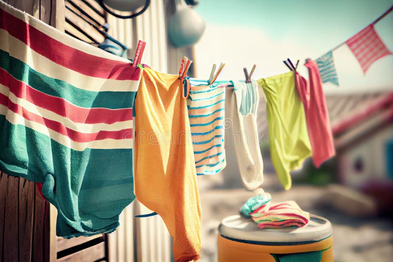Clothesline Filled with Colorful Towels and Linens Stock Illustration