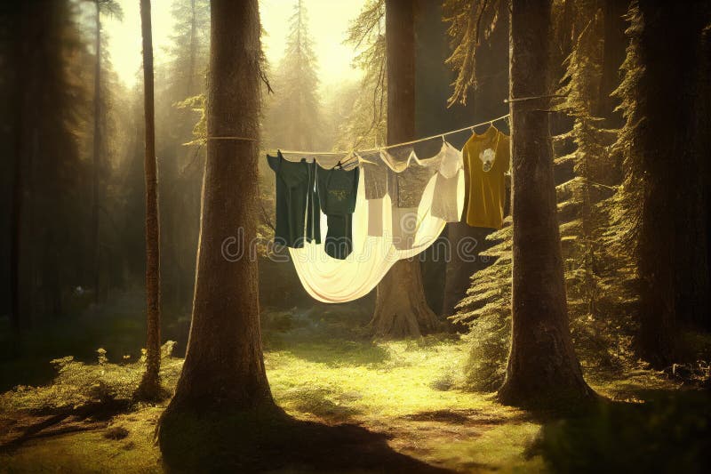 Clothesline in Forest, with the Breeze Blowing through the Trees Stock ...
