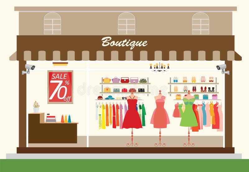 Clothing Store Building And Interior With Products On Shelves. Stock