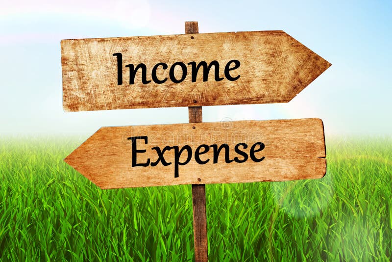 & Expense Double Road Signpost with Blue Sky Background. Stock