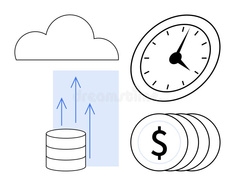 Cloud technology optimizing time, financial growth, and data storage efficiency royalty free illustration