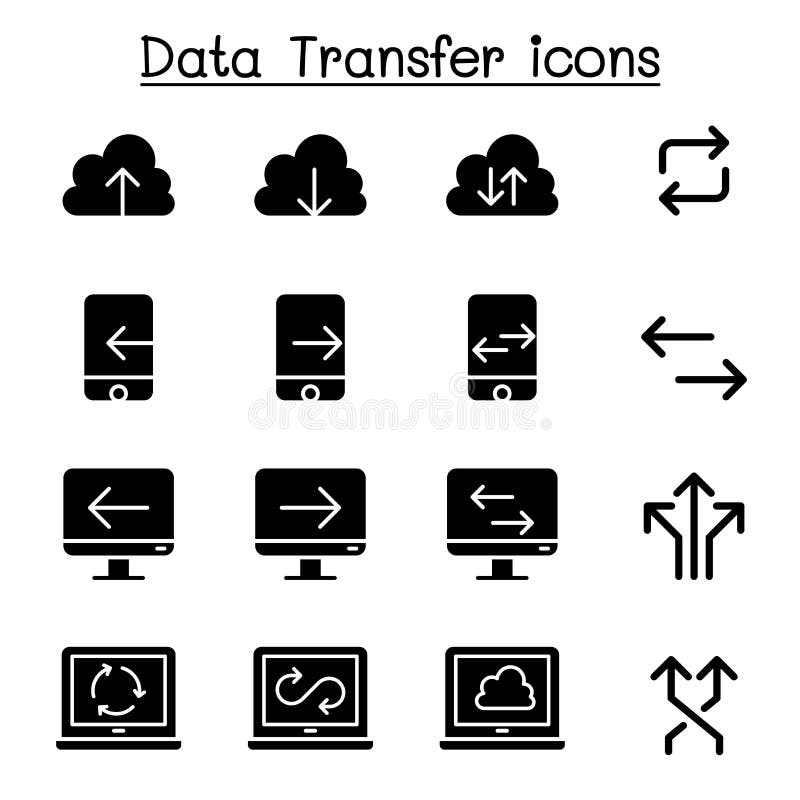 Cloud computer, data transmission, data mining, data warehouse, download, upload icon set royalty free illustration
