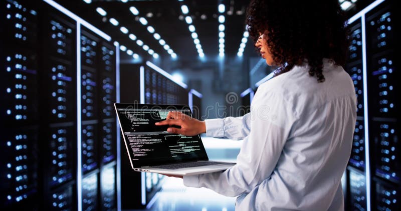 Cloud Computer Engineer Coding In Server Room In Data Center royalty free stock image