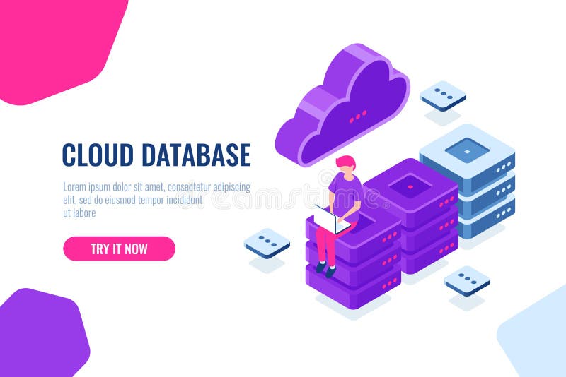 Cloud computer technology, storage and processing big data, server room, database and datacenter isometric icon, digital stock illustration