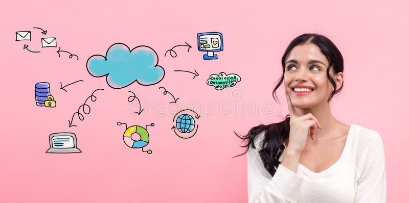 Cloud computing с молодой женщиной стоковое изображение rf