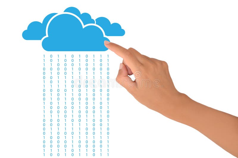 Nube computacional una mujer mano muestra sobre el azul nubes doble código.