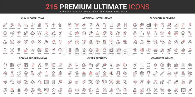 Cloud computing, AI cyber security and programming technology thin line red black icons set stock illustration