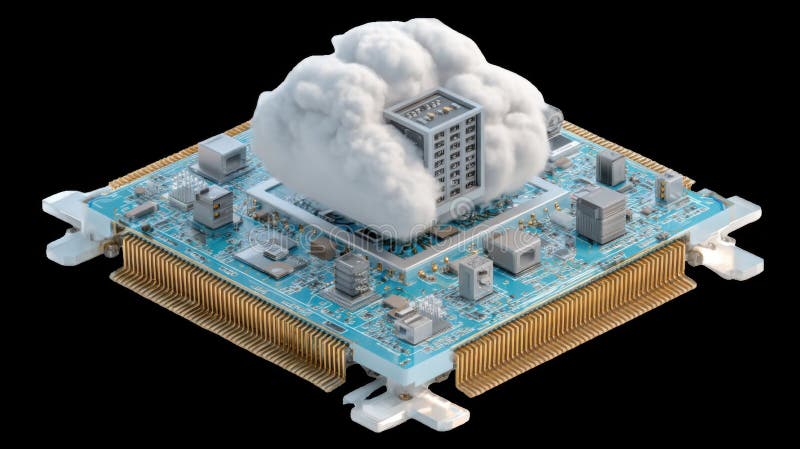 Cloud computing and artificial intelligence processing data on motherboard royalty free illustration