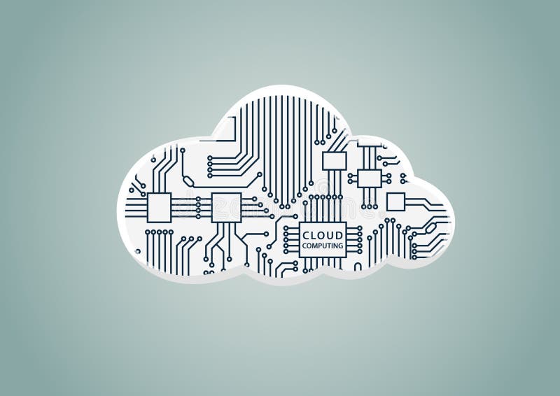 Cloud computing as example for digitilization - illustration of cloud with computer processor vector illustration