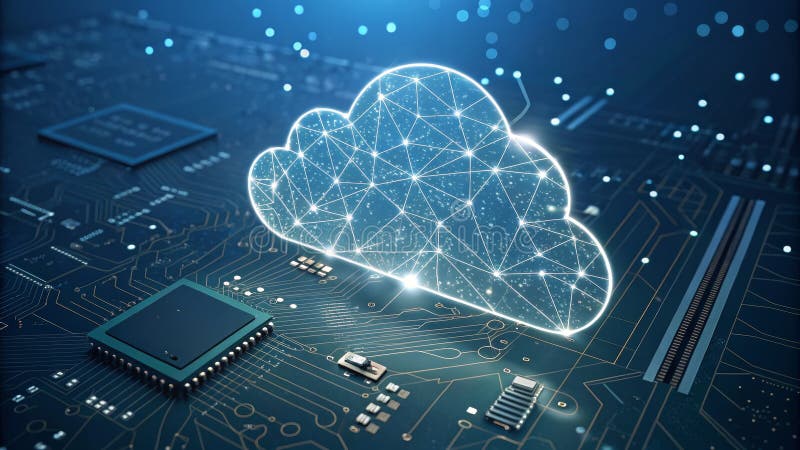Cloud Computing Circuit Board Perspective, Digital Cloud, Network Concept stock illustration