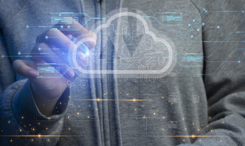 Έννοια του cloud computing - σύνδεση συσκευής στο cloud, επιχειρηματίας ή πληροφοριακή τεχνολογία με εικονίδιο cloud computing στοκ φωτογραφία με δικαίωμα ελεύθερης χρήσης