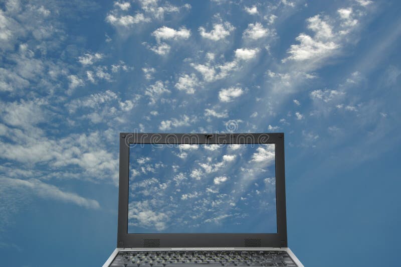 Black laptop on blue sky concept. Digital system concept stock images, royalty-free photos and pictures
